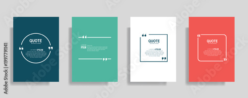 Collection of blank quote blue green red frame templates. Text in brackets, empty quote speech bubble, quotation. Text box isolated on color background. Vector illustration