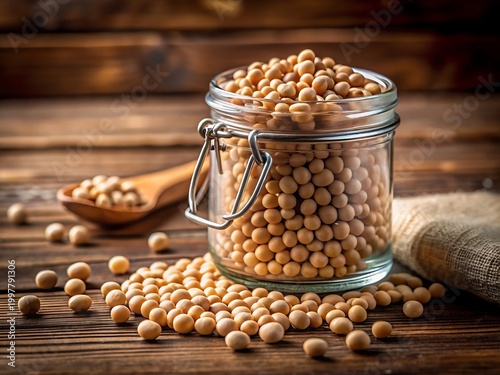 Jar of Chickpeas and Spoon on Wooden Table