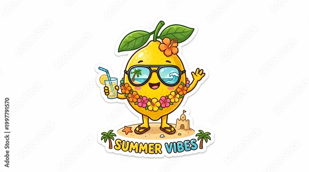 Naklejka premium Cute Cartoon Lemon Character Enjoying Summer Vacation on Tropical Beach with Refreshing Drink and Hibiscus Lei for Tropical Holiday Graphic Design