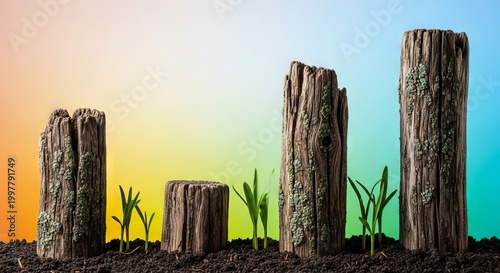 Weathered wooden fence posts stand beside fresh green sprouts emerging from dark soil, capturing the passage of time and seasonal growth, field, progress, shadow