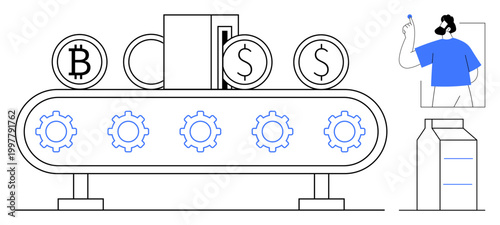 Blockchain, cryptocurrency, financial automation, fintech, digital economy, transaction security. a conveyor with gears and coins, a person and packaging. Blockchain and cryptocurrency