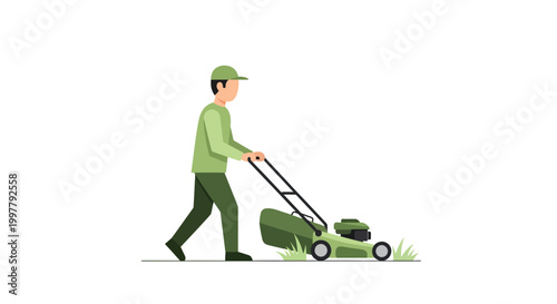 Man pushing green lawn mower outdoors.