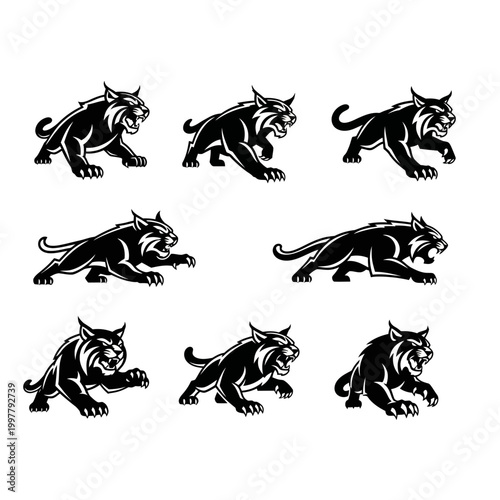 Black bobcat mascot logos in various aggressive poses