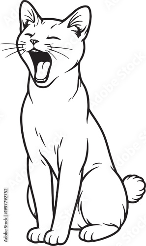 Принти на полотні Japanese Bobtail Cat Yawning Line Art Illustration Isolated Black And White Vect