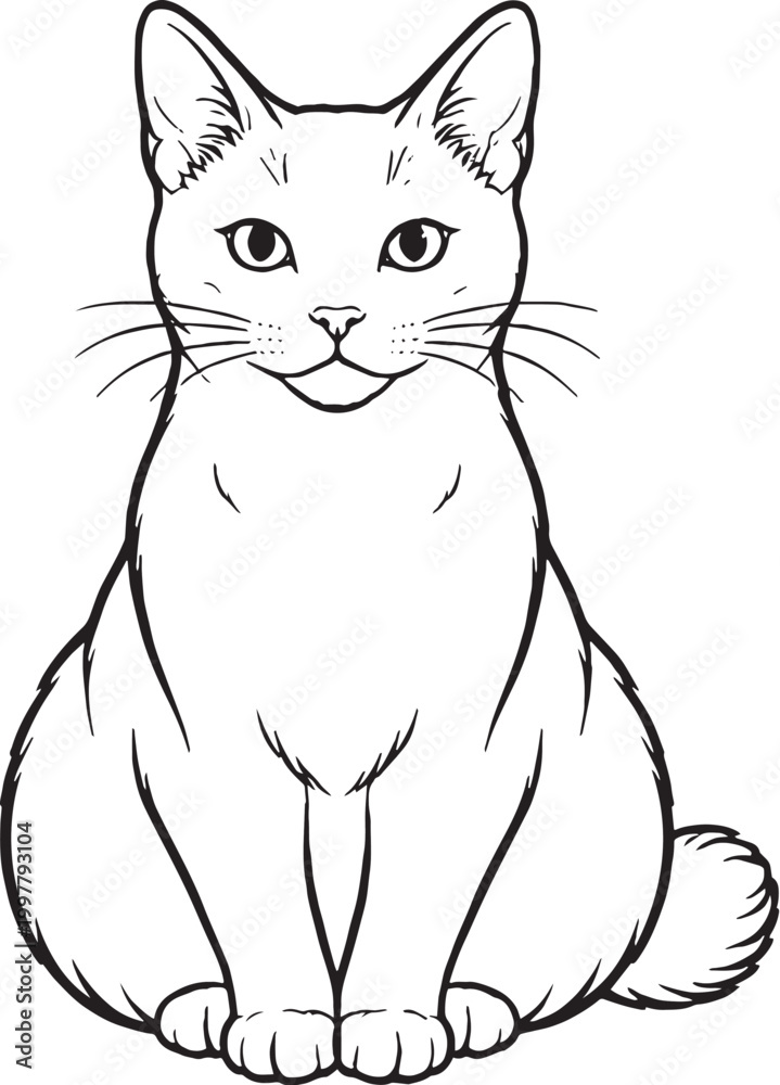 Obraz premium Japanese Bobtail Cat Loaf Sitting Line Art Illustration Isolated Black And White Vector Calm Domestic Feline Pose