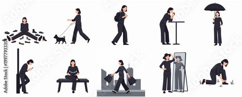 Minimalist Flat Design Silhouette of a Woman Engaged in Various Daily Activities and Hobbies