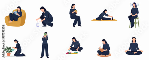 Flat Design Collection Of Woman Performing Various Relaxing Daily Activities And Hobbies