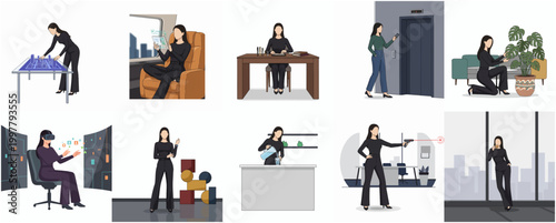 Collection of Flat Style Illustrations Depicting a Woman Engaged in Various Modern Office and Leisure Activities