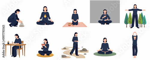 Flat Design Illustration of a Woman Performing Various Relaxing Activities and Exercises