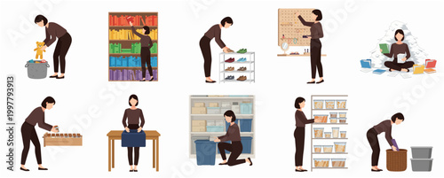 Woman Organizing Various Household Items and Workspace Elements