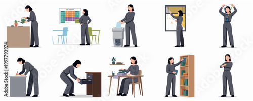 Modern Office Worker Performing Daily Tasks and Activities in Flat Design Illustration