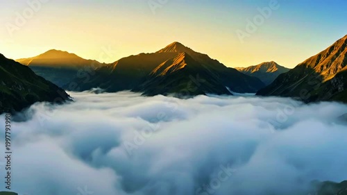 a panoramic mountain with fog waves moving gently in sunlight 