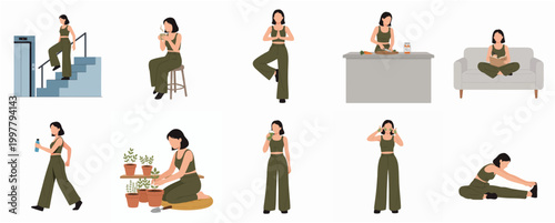Minimalist Flat Design Woman Performing Various Daily Activities and Hobbies Collection