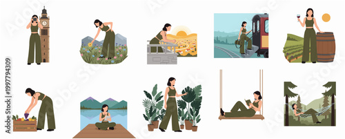 Charming Flat Illustration Set Depicting A Woman Enjoying Various Leisure Activities And Scenic Journeys