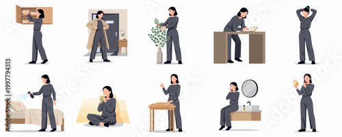 Everyday Female Character Doing Various Daily Activities and Chores Collection