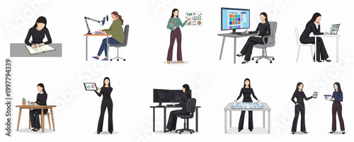 Collection of Diverse Woman Professional Working in Modern Office Environment and Creative Studio