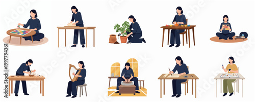 Flat Design Illustration Set of People Engaged in Various Creative Hobbies and Artistic Pursuits