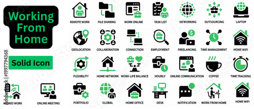 Solid vector of Working From Home icon set. Working From Home solid icon set. Work from home web line icons. freelance, collaboration, remote work. Vector illustration