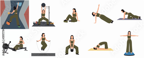 Diverse Flat Design Style Healthy Woman Exercising and Training with Fitness Equipment Collection