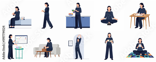 Flat Illustration Style Woman Engaged in Various Daily Activities and Hobbies