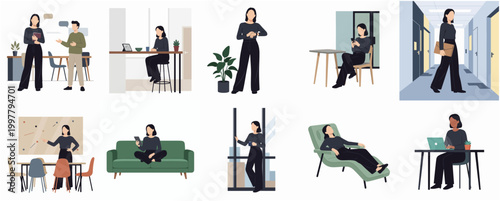 Diverse Business Professional Women Poses Set in Modern Office and Casual Settings