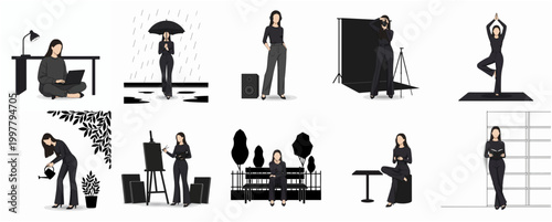Diverse Silhouette Representations of a Young Woman in Various Everyday Activities and Hobbies