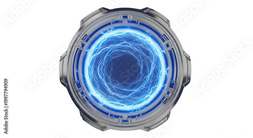 Electric blue portal with metallic ring isolated on transparent background isolated and transparent background