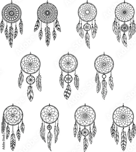 Dreamcatcher collection with detailed feathers and woven web patterns boho tribal decorative vector illustration set for spiritual cultural design