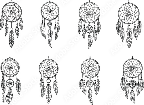 Dreamcatcher set with intricate feathers and web patterns boho tribal decorative elements vector illustration collection for spiritual cultural design