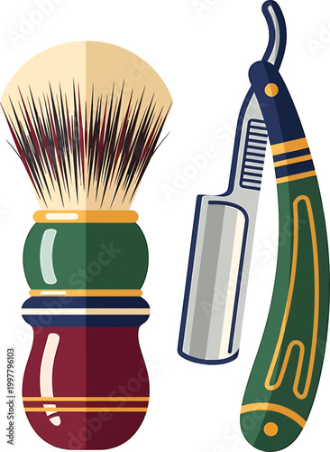 Vintage shaving brush and straight razor in colorful illustration for barber shop on transparent background