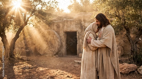jesus christ embraces grieving woman mary magdalene near empty tomb resurrected savior comforting soul with hug solace hope spiritual renewal.