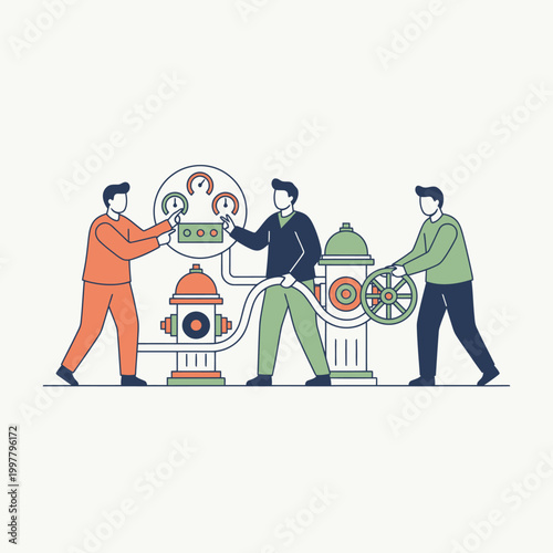 Three men operating vintage steam engines together.