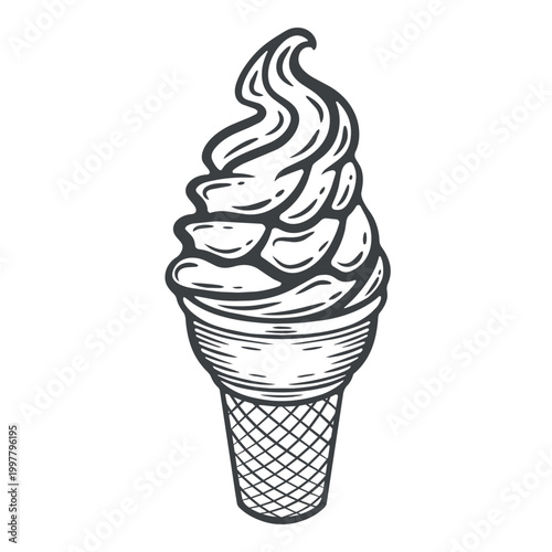 Obraz na plátne Ice cream cone, soft serve dessert, sweet frozen treat, waffle cone, hand drawn