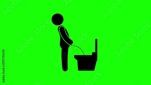 animated icon of a person urinating, a dotted line falling into the toilet bowl, urine line concept, green background, 4k video