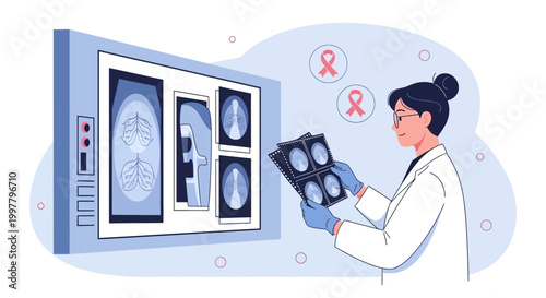 Doctor examining medical scans, breast cancer awareness ribbons in background