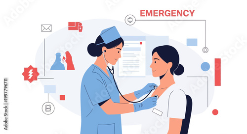 Doctor examining patient with stethoscope, emergency medical care concept, illustration