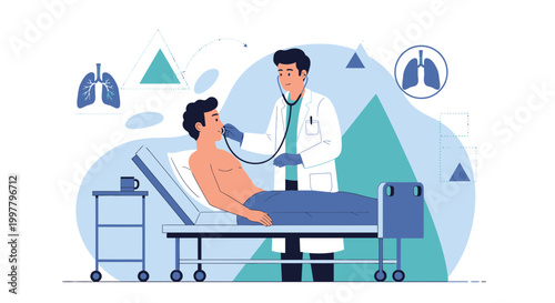 Doctor examining patient with stethoscope in hospital room, lungs icon, medical concept