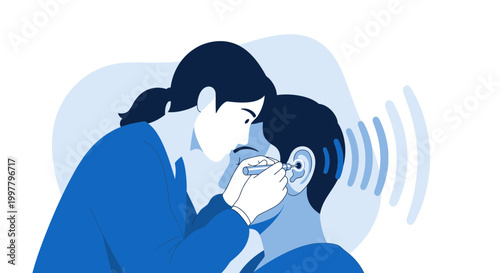 Doctor examining patient's ear with otoscope, hearing test concept