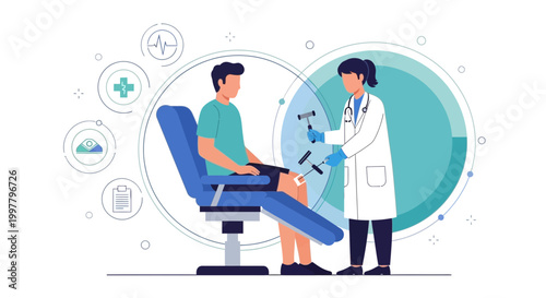 Doctor examining patient's knee with reflex hammer, medical icons, healthcare concept
