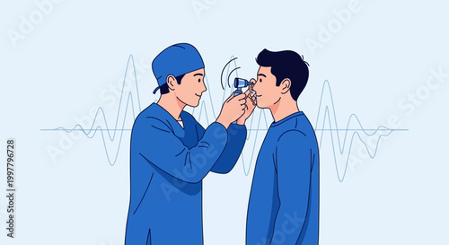 Doctor examining patient's ear with otoscope, medical check-up, sound waves background