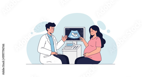 Doctor showing pregnant woman ultrasound scan of baby on monitor during medical checkup