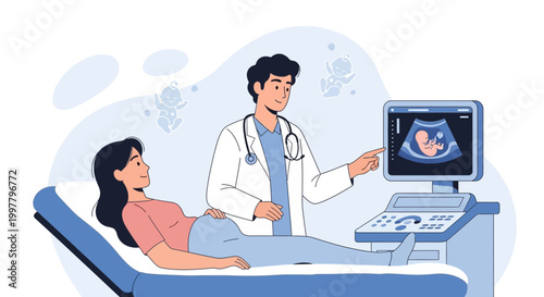 Doctor showing ultrasound scan of baby to pregnant woman in clinic
