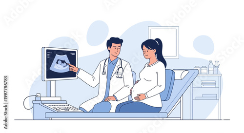 Doctor showing ultrasound scan to pregnant woman in clinic