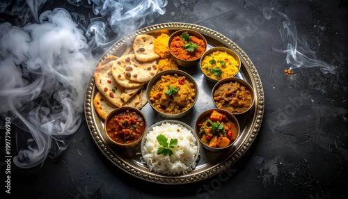 A traditional Indian thali, with diverse curries, rice, naan, on a silver platter, with smoke