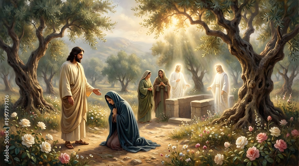 Naklejka premium Jesus with Mary Magdalene in garden, two other women observe, by open tomb with seated angels, representing resurrection and revelation, serene sacred setting.