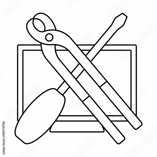 Monitor repair outline icon with crossed screwdriver and pliers.