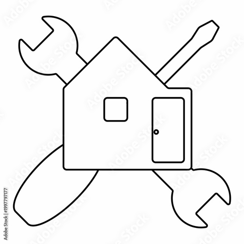 Home repair service outline with house and crossed tools icon.