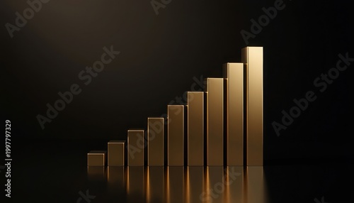 Luxury bar chart with ascending gold bars on deep black background, soft spotlight, cinematic shadows, minimal composition, copy space
