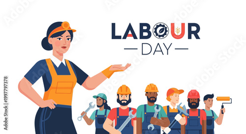 Illustrated Labour Day design featuring a diverse group of workers, including a female electrician gesturing toward the text, set against a clean white background with flat vector style