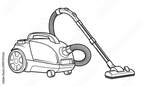 Modern floor vacuum cleaner cleaning appliance as detailed black white vector image.